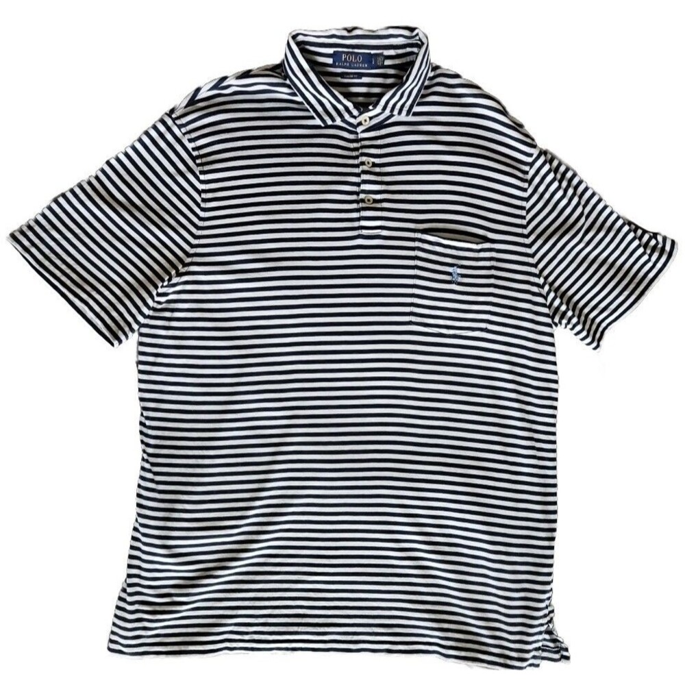 Polo Ralph Lauren Polo Shirt Men Size L Short Sleeve Classic Fit Blue Striped